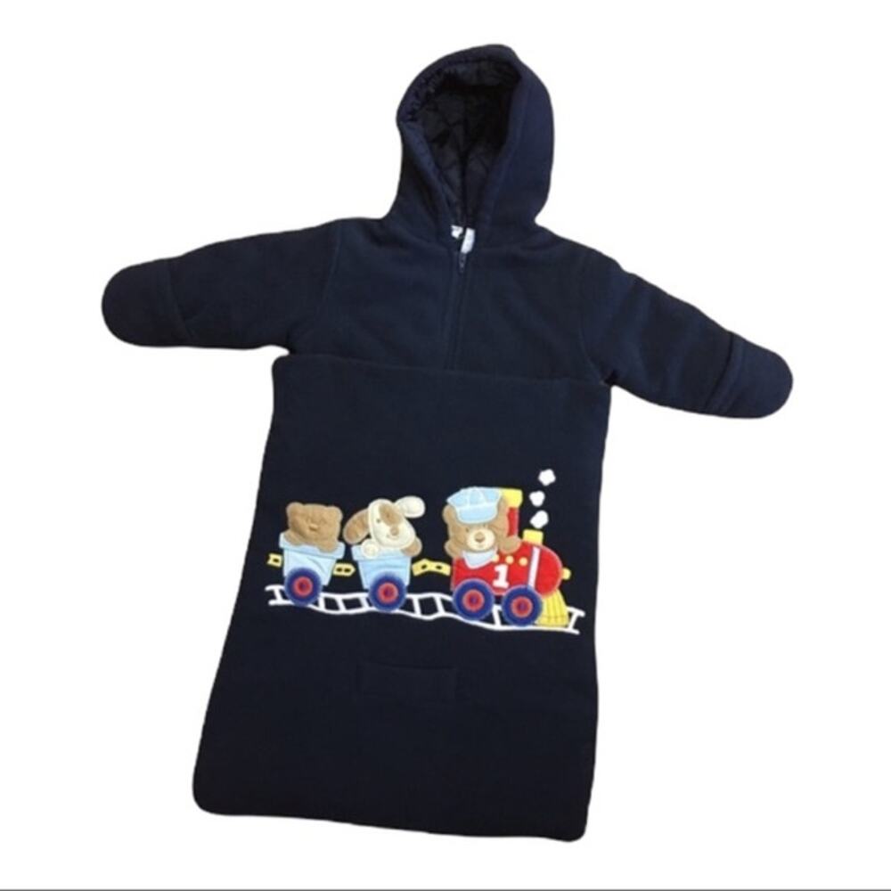 Miniwear Boys Bunting One Size 0-9 Months Navy Fleece Train Bear NEW